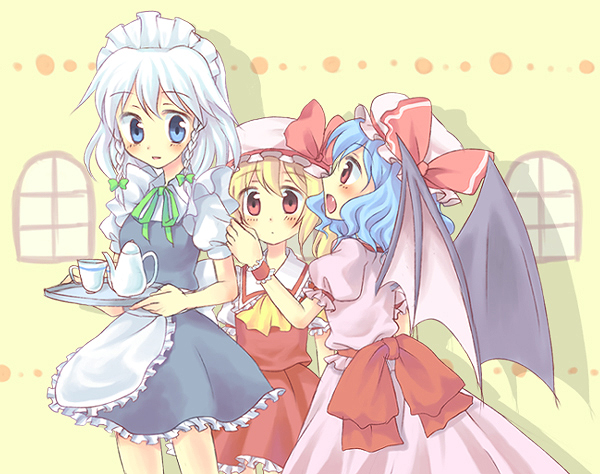 remilia scarlet, flandre scarlet, and izayoi sakuya (touhou) drawn by kuguri_oimo