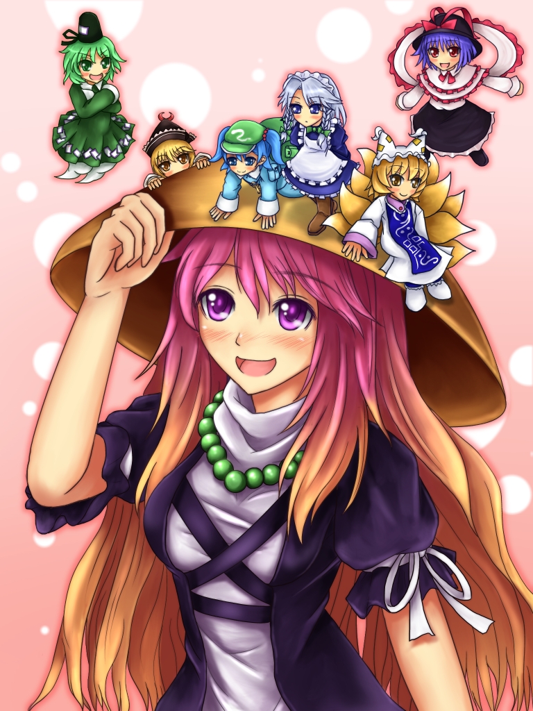izayoi sakuya, yakumo ran, kawashiro nitori, hijiri byakuren, nagae iku, and 2 more (touhou) drawn by hozenkakari