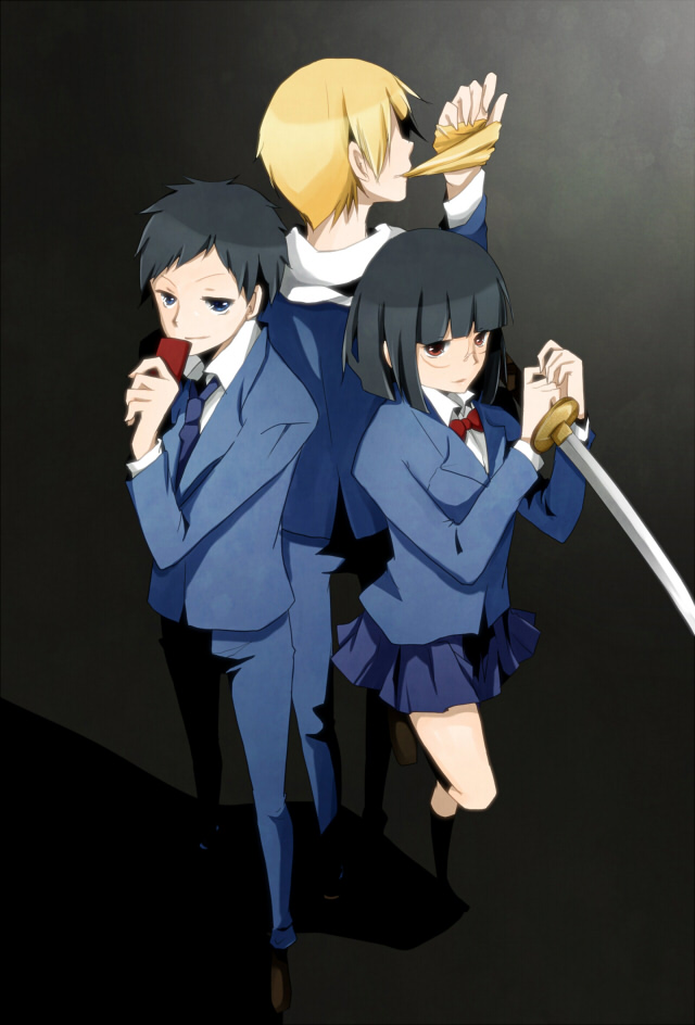 sonohara anri, ryuugamine mikado, and kida masaomi (durarara!!) drawn by hazuki_natsu