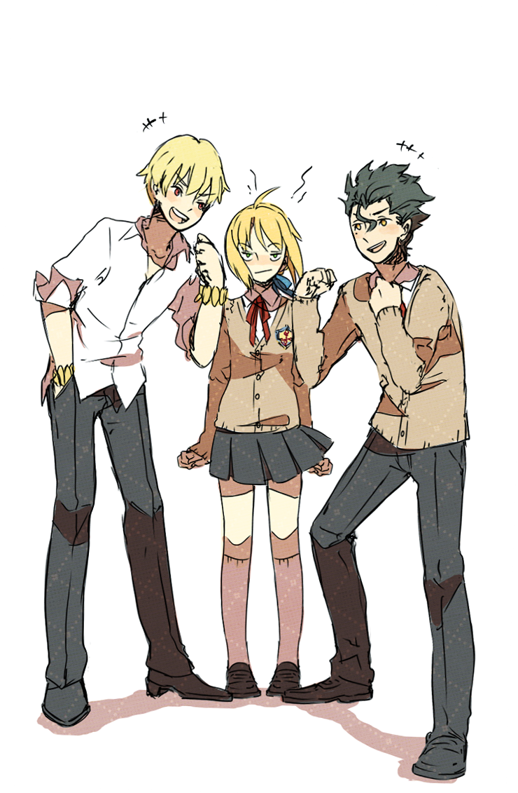 artoria pendragon, saber, gilgamesh, and diarmuid ua duibhne (fate and 1 more) drawn by ai-wa