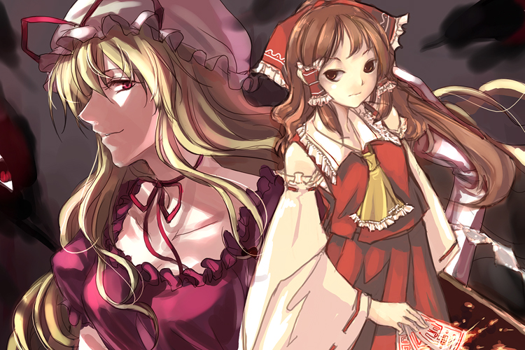hakurei reimu and yakumo yukari (touhou) drawn by irua and morang