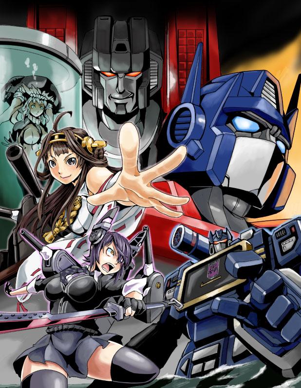 kongou, tenryuu, wo-class aircraft carrier, optimus prime, starscream, and 1 more (kantai collection and 2 more) drawn by kamizono_(spookyhouse)