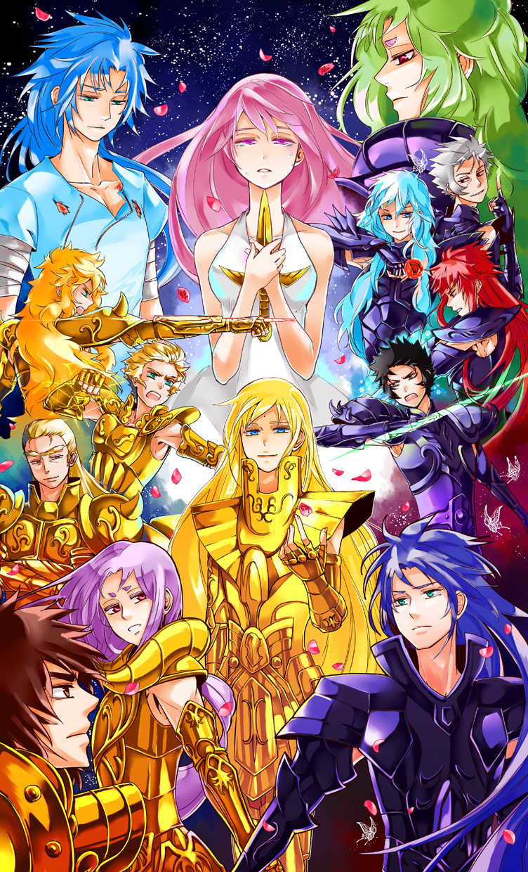 kido saori, pisces aphrodite, aries muu, aquarius camus, athena, and 10 more (saint seiya) drawn by bon_bonko