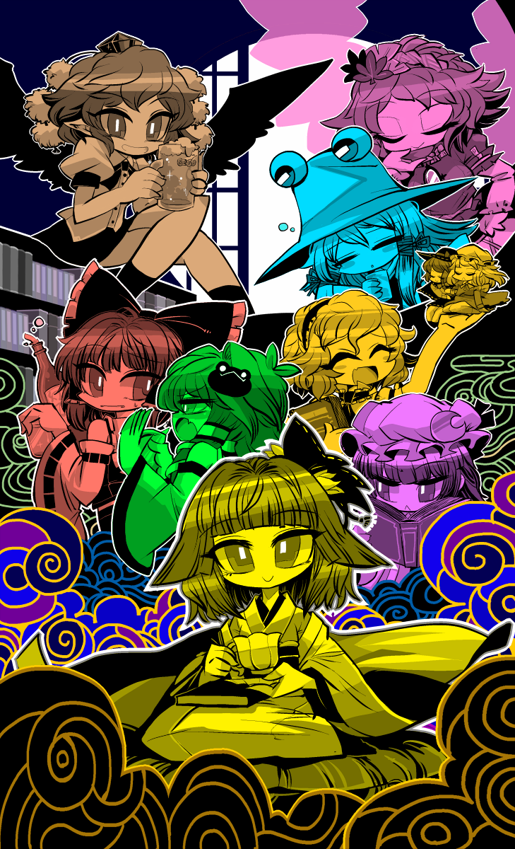 hakurei reimu, kochiya sanae, alice margatroid, patchouli knowledge, shameimaru aya, and 6 more (touhou) drawn by yt_(wai-tei)