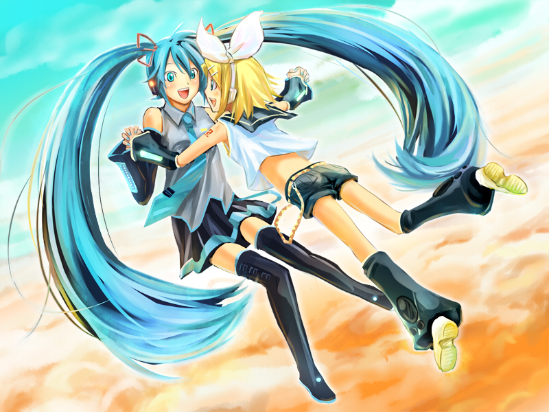 hatsune miku and kagamine rin (vocaloid) drawn by hikiyama_towa
