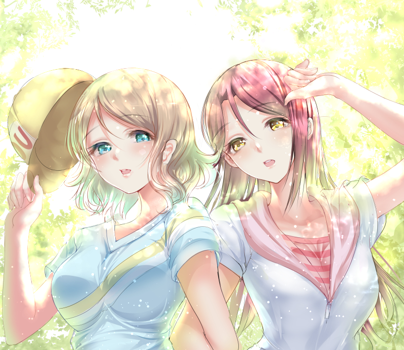 watanabe you and sakurauchi riko (love live! and 1 more) drawn by ponytail_korosuke