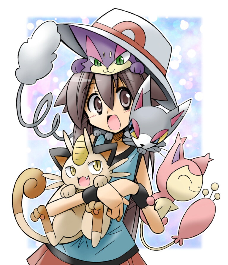 leaf, meowth, skitty, purrloin, and glameow (pokemon and 1 more) drawn by rascal_(feuille)