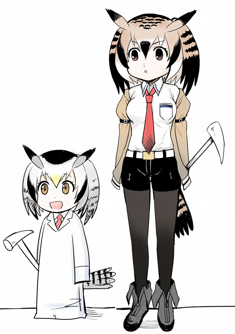 makise kurisu, northern white-faced owl, eurasian eagle owl, and professor shinonome (kemono friends and 2 more) drawn by y.ssanoha