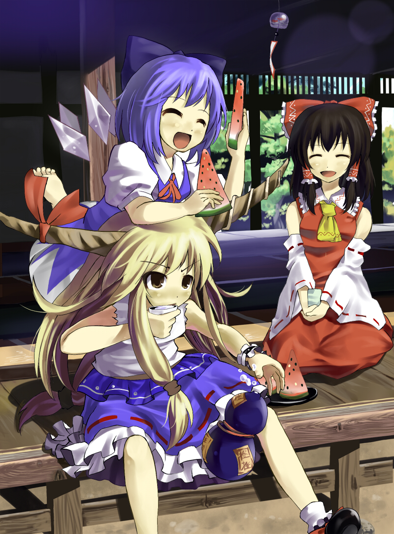 hakurei reimu, cirno, and ibuki suika (touhou) drawn by hidebo