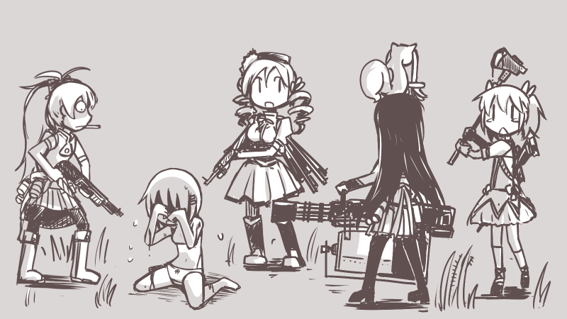 akemi homura, kaname madoka, miki sayaka, sakura kyoko, tomoe mami, and 2 more (mahou shoujo madoka magica and 3 more) drawn by nns_(sobchan)