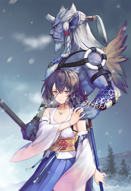 yuna and kimahri ronso (final fantasy and 1 more) drawn by sasanomesi