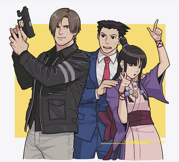 leon s. kennedy, phoenix wright, and maya fey (ace attorney and 3 more) drawn by sardine_(kjr0313)