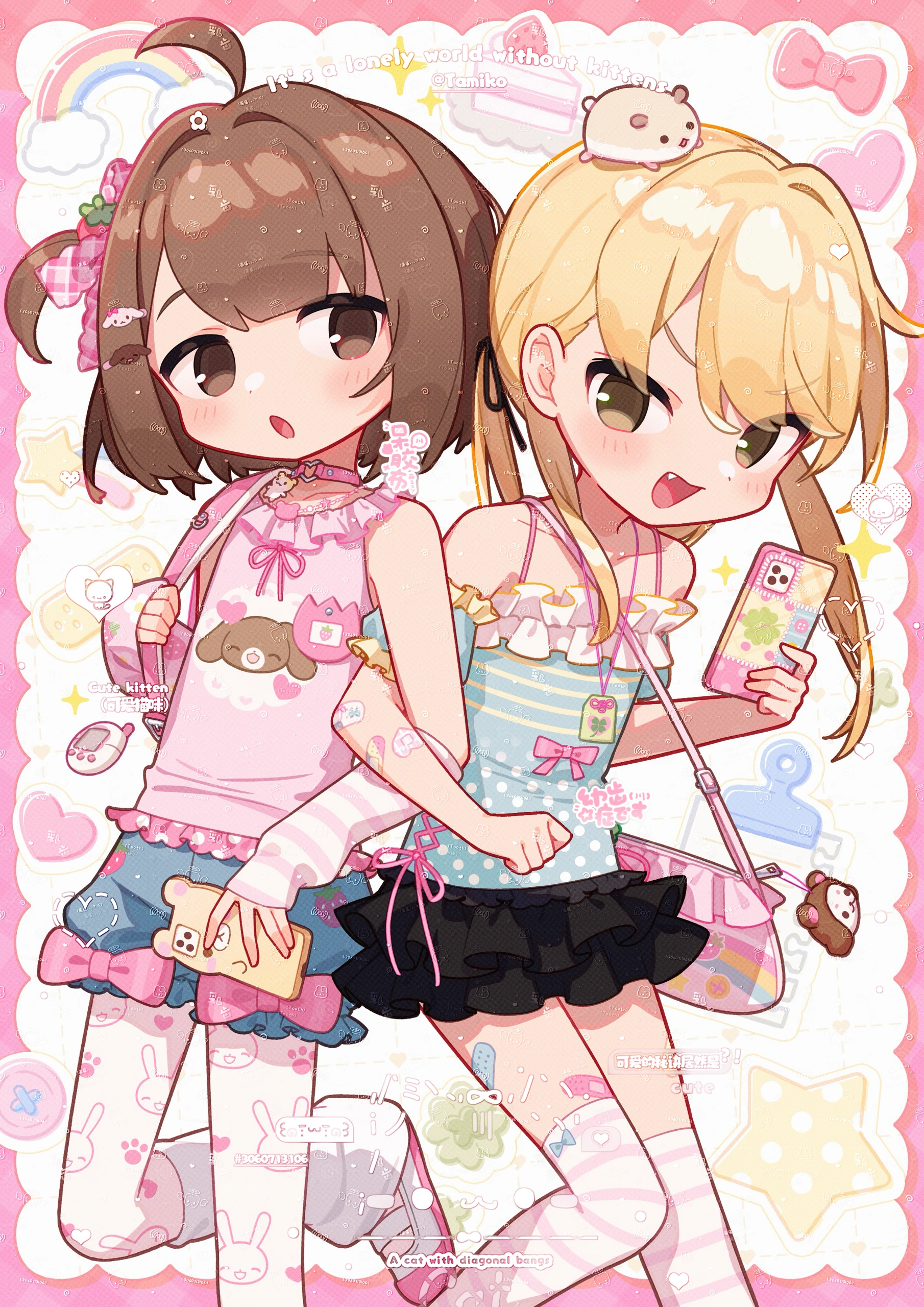korilakkuma, kurousa, brownhaired girl, and blonde girl (original and