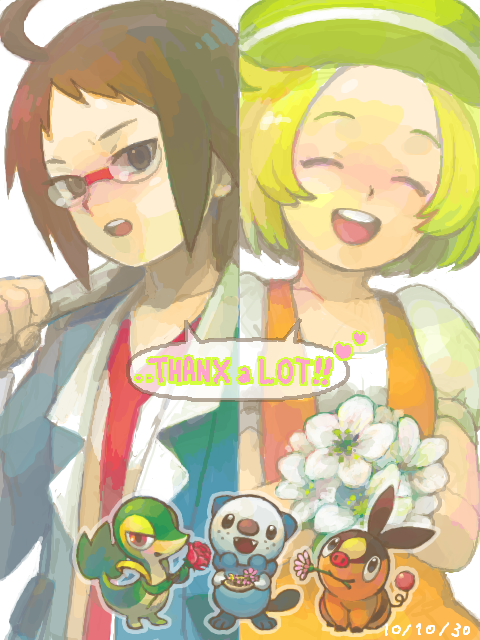 oshawott, snivy, bianca, tepig, and cheren (pokemon and 1 more) drawn by d&p