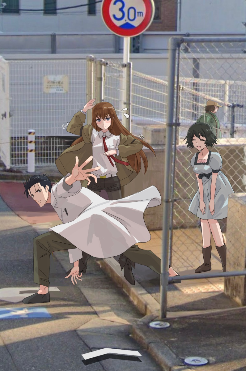 makise kurisu, okabe rintarou, shiina mayuri, and hashida itaru (steins;gate) drawn by jun_(rellik_&_redrum)