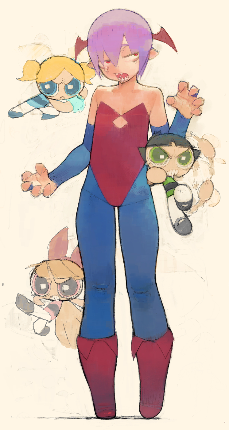 lilith, buttercup, blossom, and bubbles (darkstalkers and 1 more) drawn by umezawa_michiko