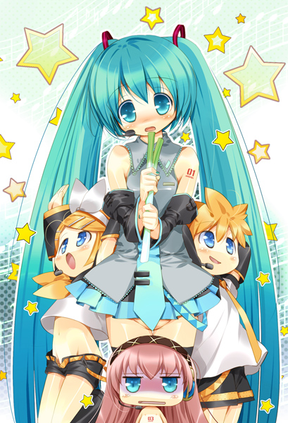 hatsune miku, kagamine rin, kagamine len, and megurine luka (vocaloid) drawn by hanpen_(puu)