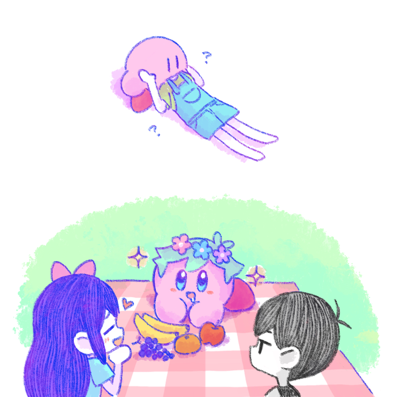 kirby, omori, aubrey, and basil (omori and 1 more) drawn by sun_iiinu