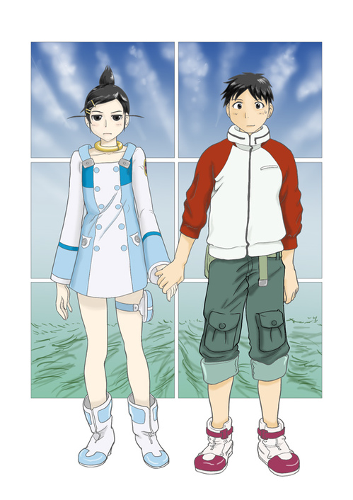 eureka, ogiue chika, renton thurston, and sasahara kanji (eureka seven and 1 more) drawn by kabaya_kousuke