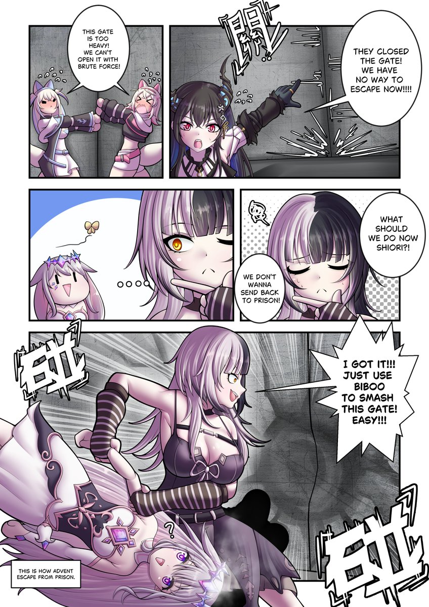 shiori novella, nerissa ravencroft, fuwawa abyssgard, mococo abyssgard, and koseki bijou (hololive and 1 more) drawn by seapupu