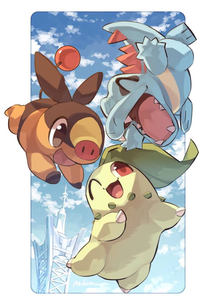 tepig, chikorita, and totodile (pokemon and 1 more) drawn by makoto_ikemu