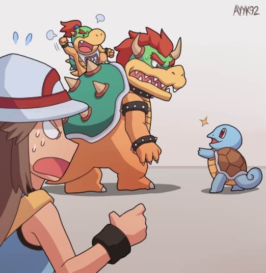 leaf, bowser, squirtle, and bowser jr. (pokemon and 2 more) drawn by ayyk92