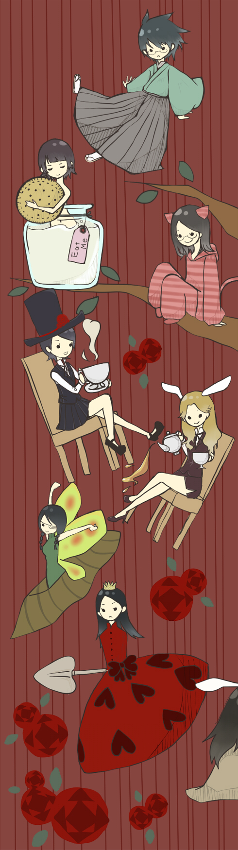 white rabbit, cheshire cat, itoshiki nozomu, fuura kafuka, komori kiri, and 8 more (alice's adventures in wonderland and 1 more) drawn by btb
