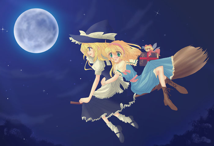kirisame marisa, alice margatroid, and shanghai doll (touhou) drawn by ringo_apple
