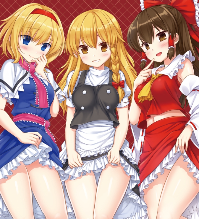 hakurei reimu, kirisame marisa, and alice margatroid (touhou) drawn by nagiyamasugi