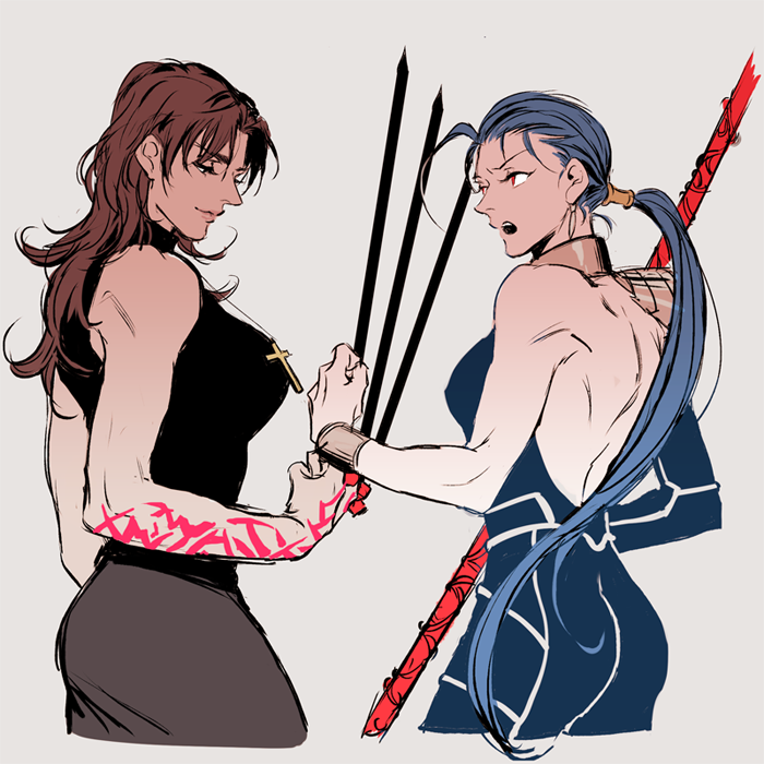 cu chulainn and kotomine kirei (fate and 1 more) drawn by j_(onjj)