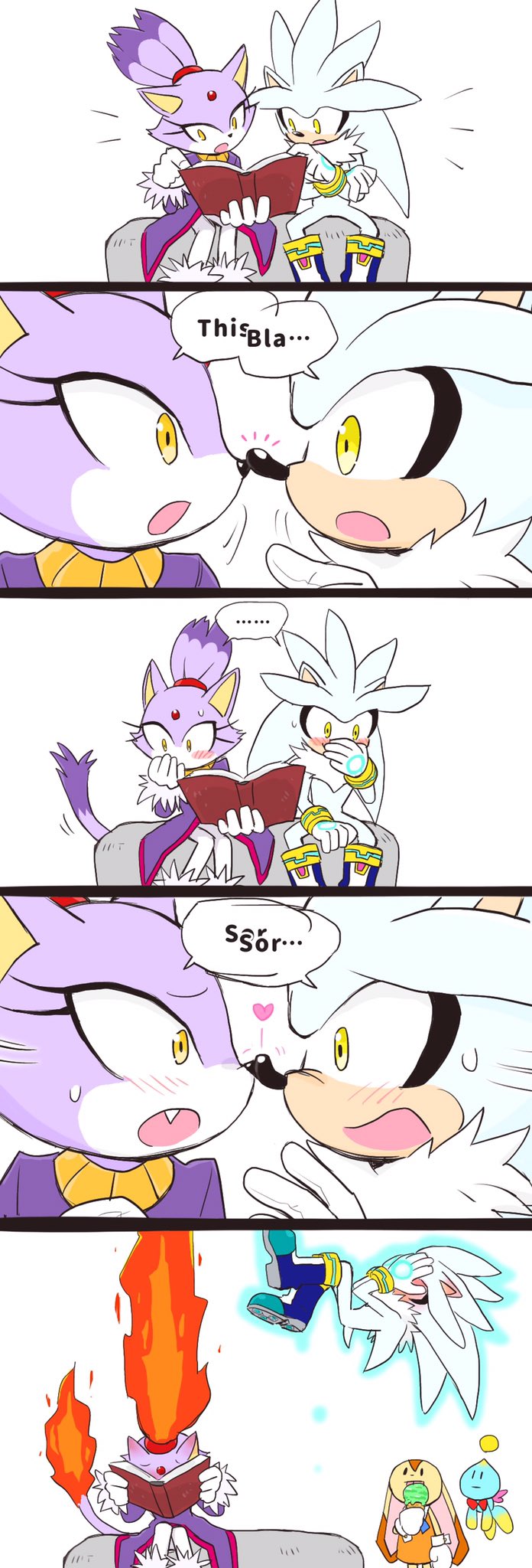 blaze the cat, cream the rabbit, silver the hedgehog, and neutral chao (sonic and 1 more) drawn by yotsumeddd