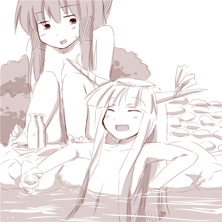 hakurei reimu and ibuki suika (touhou) drawn by amazon_(taitaitaira)