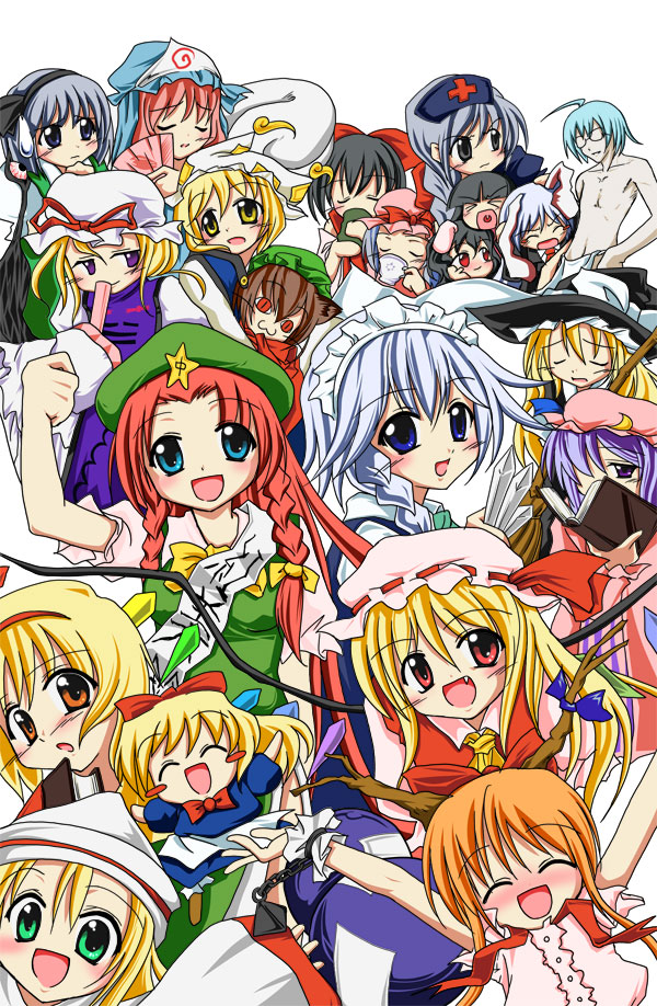 hakurei reimu, kirisame marisa, remilia scarlet, flandre scarlet, izayoi sakuya, and 17 more (touhou) drawn by mandara_misaki