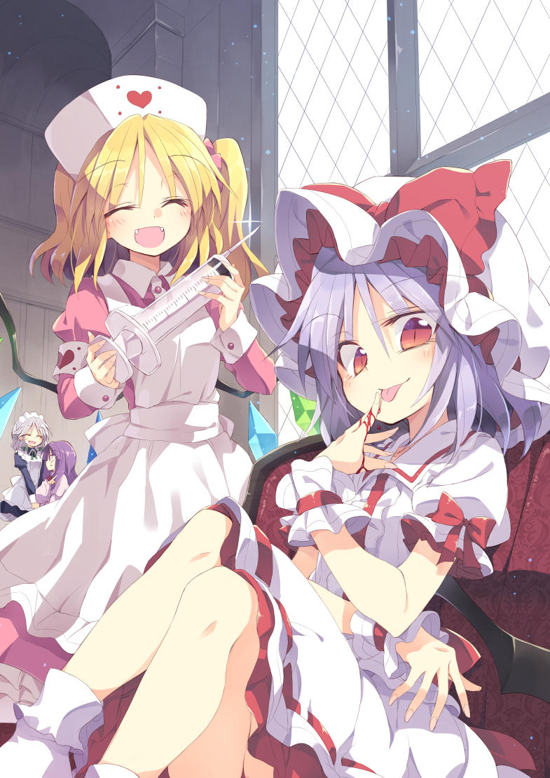 remilia scarlet, flandre scarlet, izayoi sakuya, and patchouli knowledge (touhou) drawn by satou_kibi