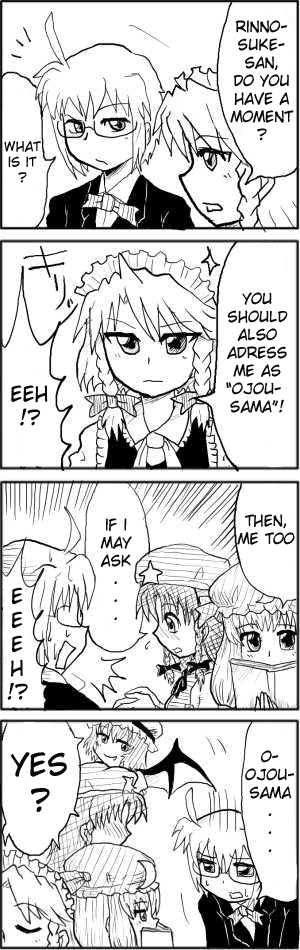 remilia scarlet, izayoi sakuya, patchouli knowledge, hong meiling, and morichika rinnosuke (touhou) drawn by enokuma_uuta