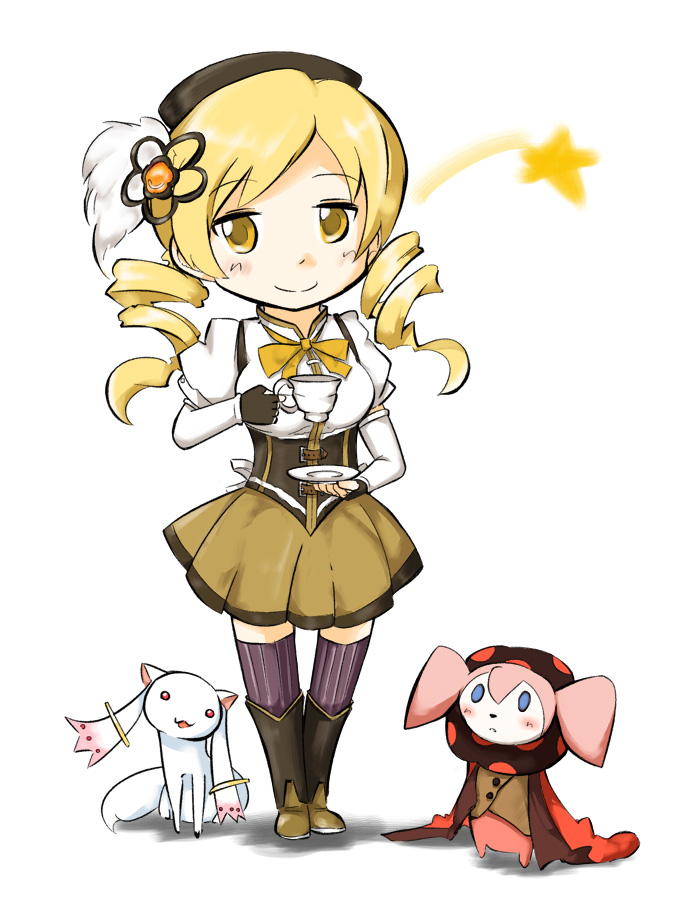 tomoe mami, kyubey, and charlotte (mahou shoujo madoka magica) drawn by rairarai