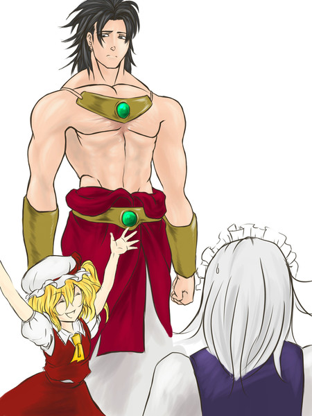 flandre scarlet, izayoi sakuya, and broly (touhou and 2 more) drawn by hikichi_sakuya