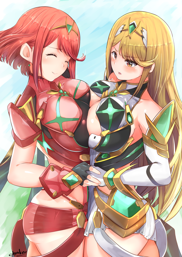 pyra and mythra (xenoblade chronicles and 1 more) drawn by chrokey