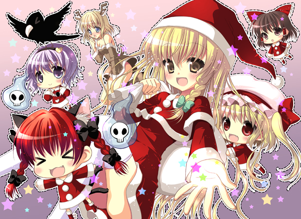 hakurei reimu, kirisame marisa, flandre scarlet, alice margatroid, komeiji satori, and 2 more (touhou) drawn by futaba_miwa