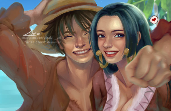 monkey d. luffy and boa hancock (one piece) drawn by chabii_art
