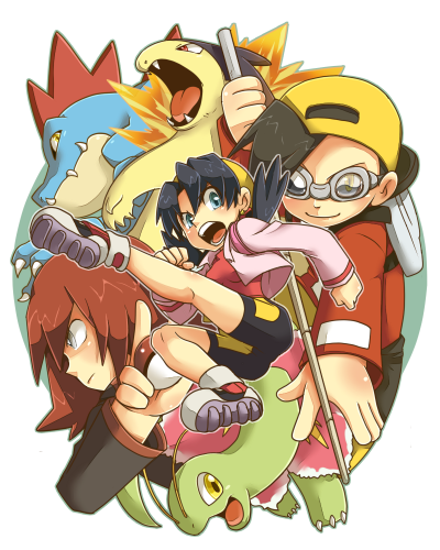ethan, silver, kris, typhlosion, feraligatr, and 1 more (pokemon and 1 more) drawn by nekoichi