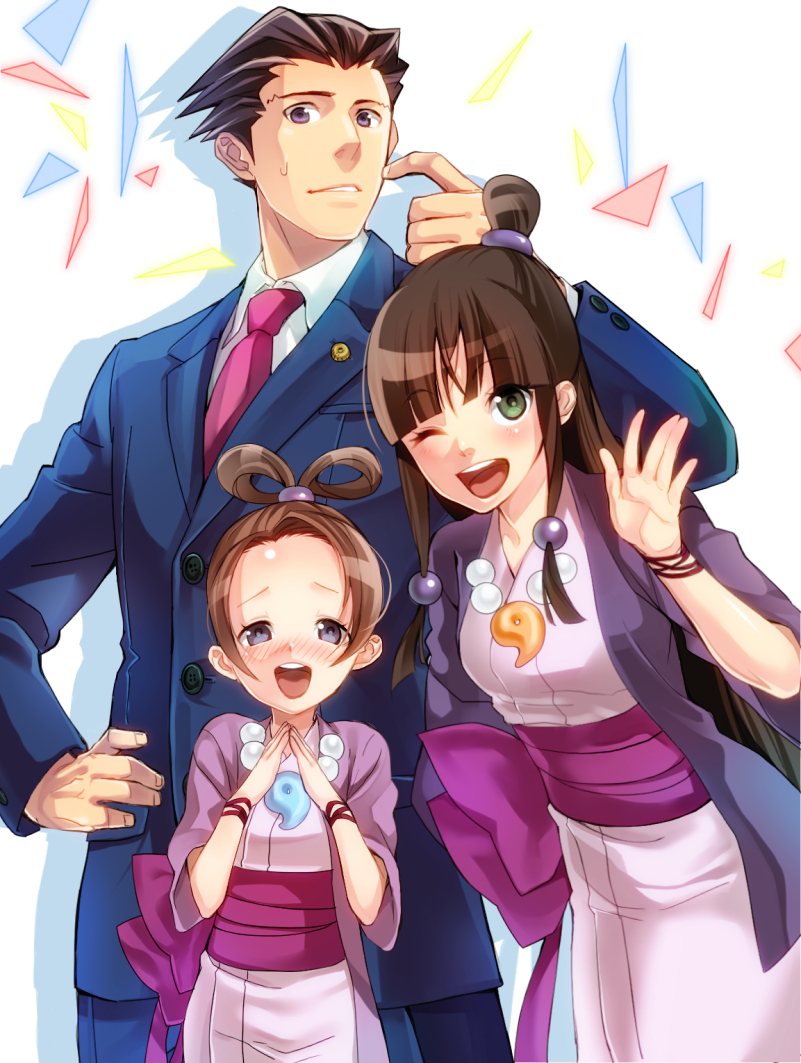 phoenix wright, maya fey, and pearl fey (ace attorney) drawn by kat_(bu-kunn)