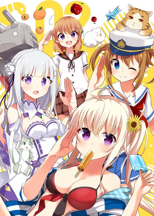 emilia, hoto cocoa, tippy, rensouhou-kun, puck, and 3 more (kantai collection and 3 more) drawn by sasahara_wakaba