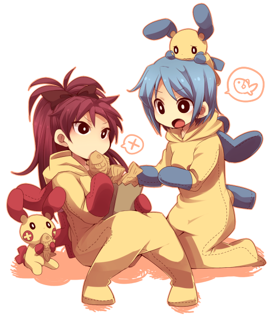 miki sayaka, sakura kyoko, minun, and plusle (pokemon and 2 more) drawn by saku_anna