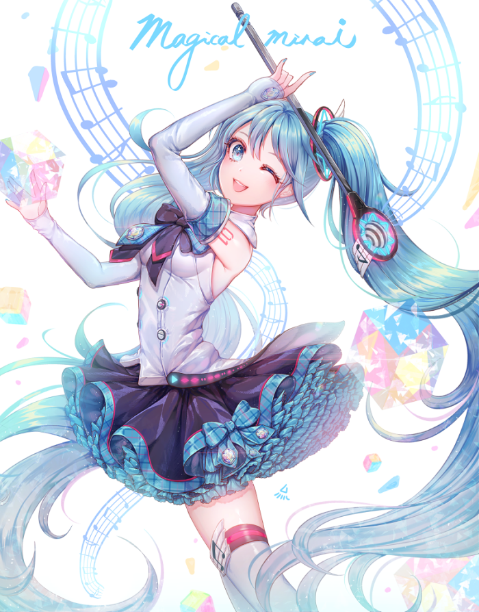 hatsune miku and magical mirai miku (vocaloid and 1 more) drawn by ozzingo