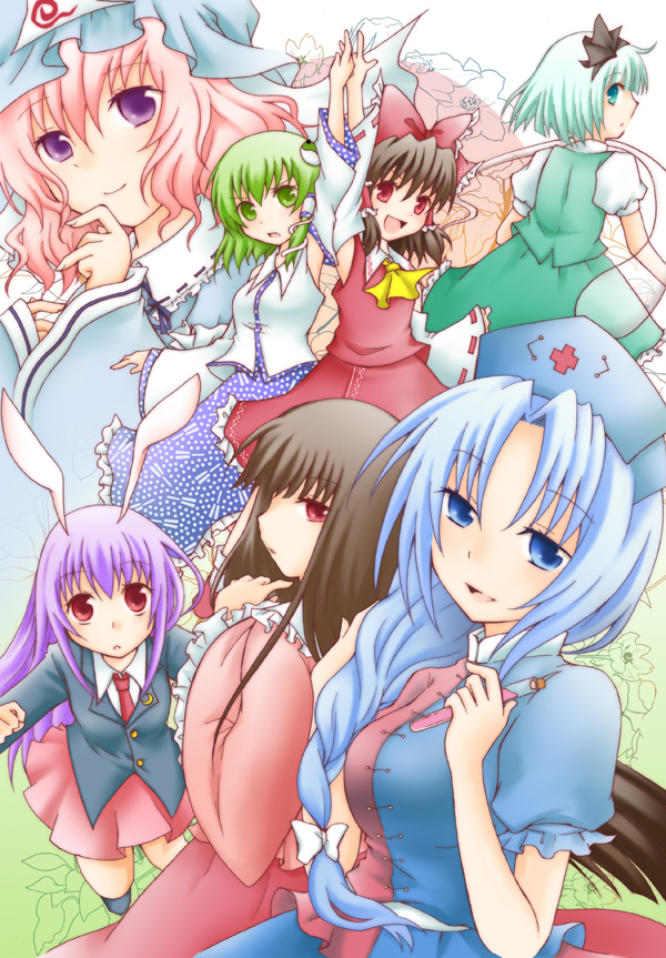 hakurei reimu, kochiya sanae, konpaku youmu, reisen udongein inaba, saigyouji yuyuko, and 2 more (touhou) drawn by kashiwadokoro