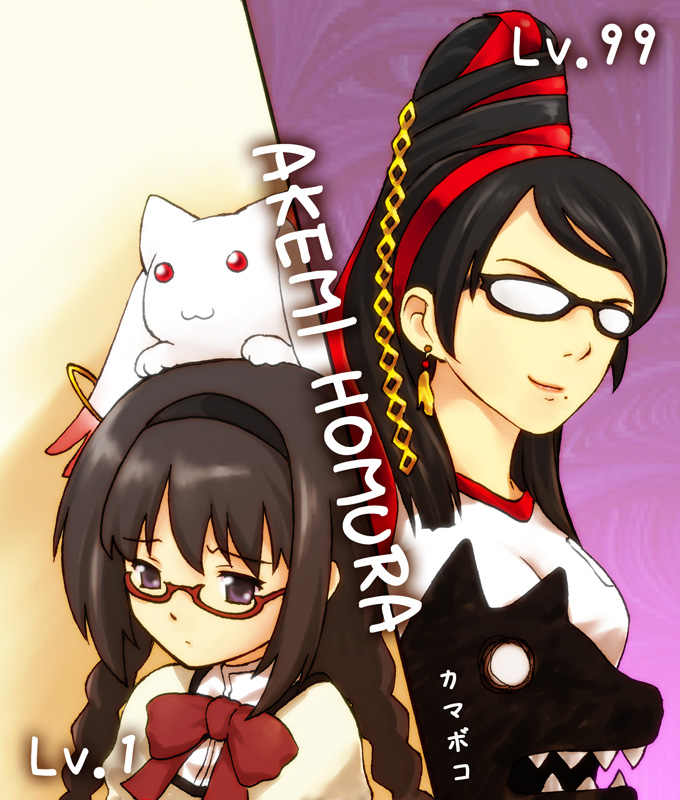 akemi homura, kyubey, and bayonetta (mahou shoujo madoka magica and 2 more) drawn by acea4