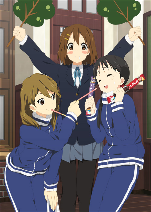hirasawa yui, tachibana himeko, and endou michiko (k-on!) drawn by mizuki_makoto