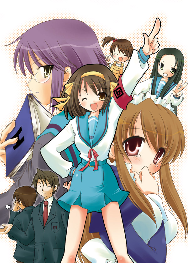 suzumiya haruhi, nagato yuki, asahina mikuru, kyon, koizumi itsuki, and 2 more (suzumiya haruhi no yuuutsu) drawn by ebisu_senri