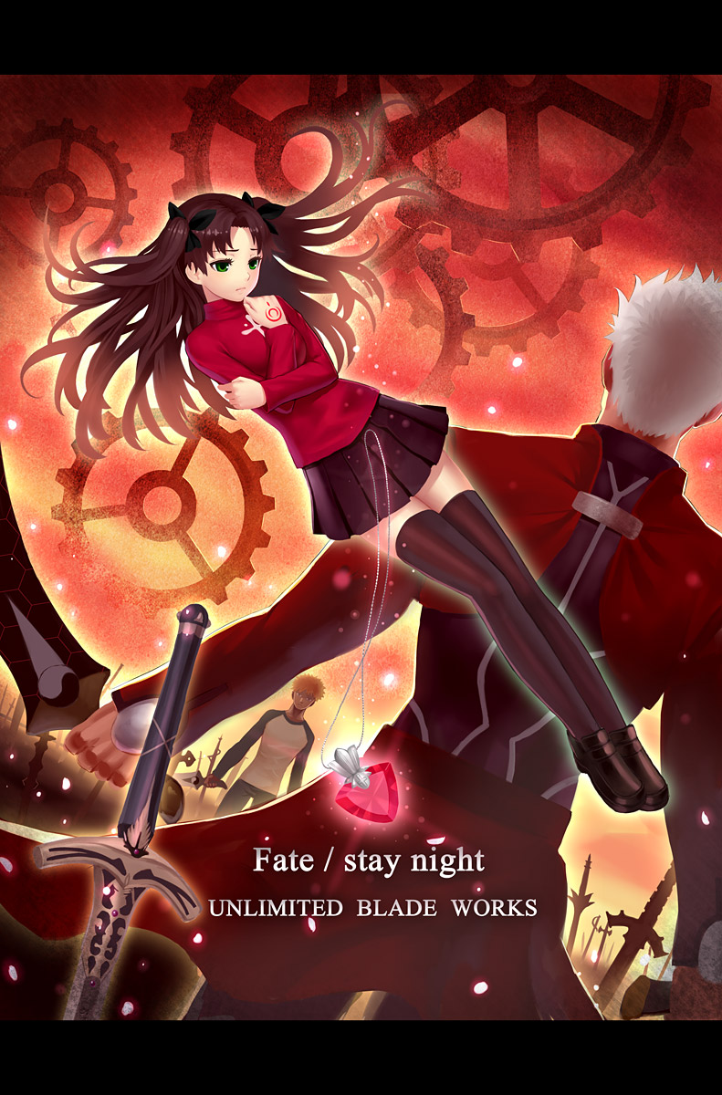 tohsaka rin, emiya shirou, and archer (fate and 1 more) drawn by k+
